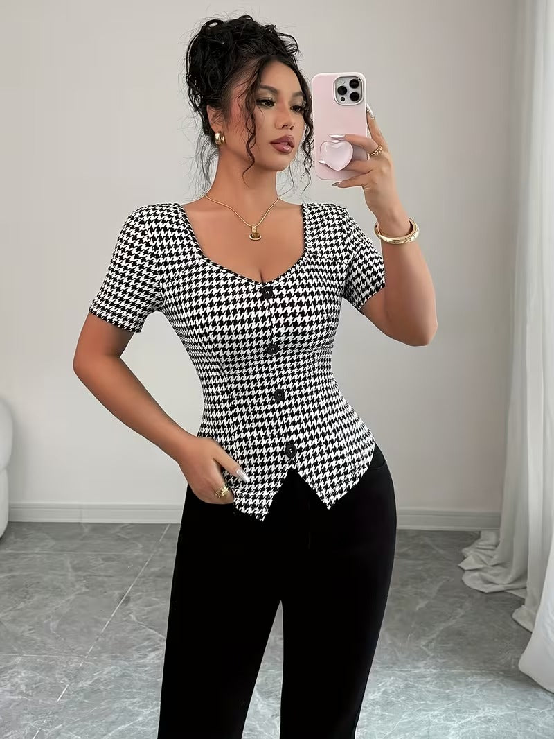 Ninonine "Odile" | Houndstooth Asymmetrical Single-Breasted Top