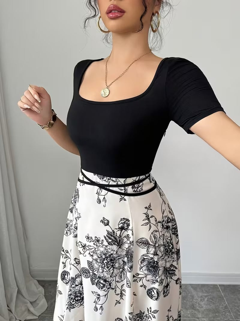 Ninonine "Kiku" | Monochrome Botanical Square-Neck Maxi Dress