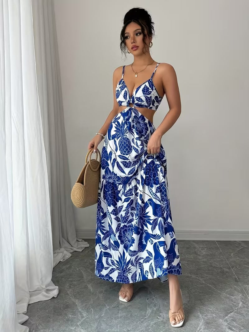 Ninonine "Sapphire" | Porcelain Botanical Ring-Detail Maxi Dress