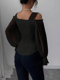Ninonine "Vivienne" | Floral Jacquard Open-Shoulder Lantern Sleeve Top