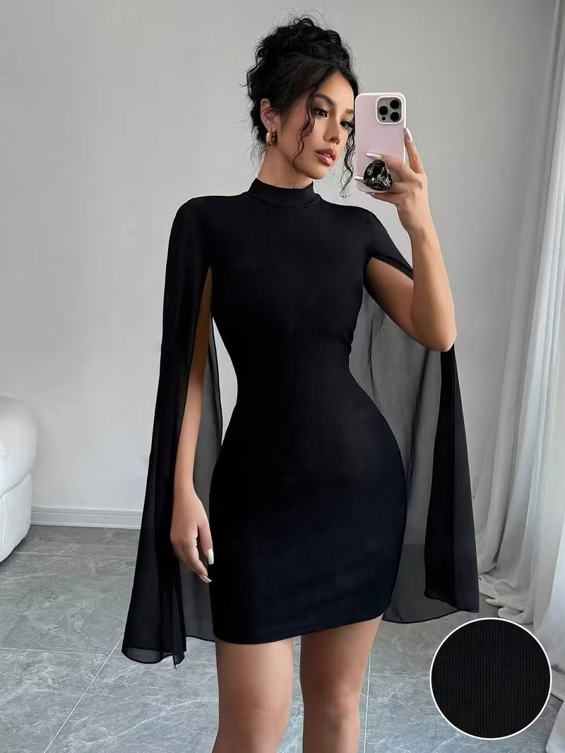 Ninonine "Hestia" | Mandarin Collar Cape-Sleeve Bodycon Dress