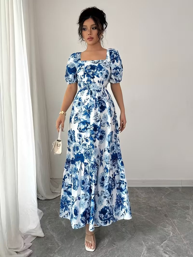 Ninonine "Isadora" | Azure Bloom Puff Sleeve Tiered Maxi Dress