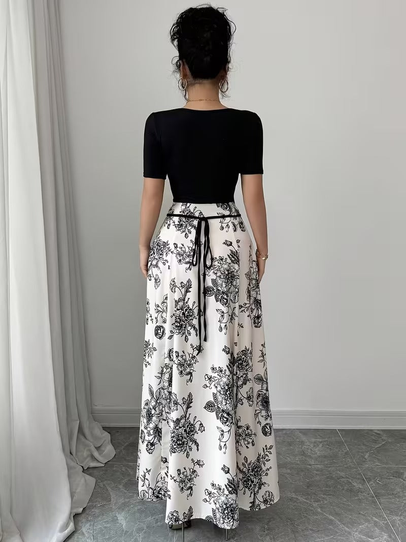Ninonine "Kiku" | Monochrome Botanical Square-Neck Maxi Dress