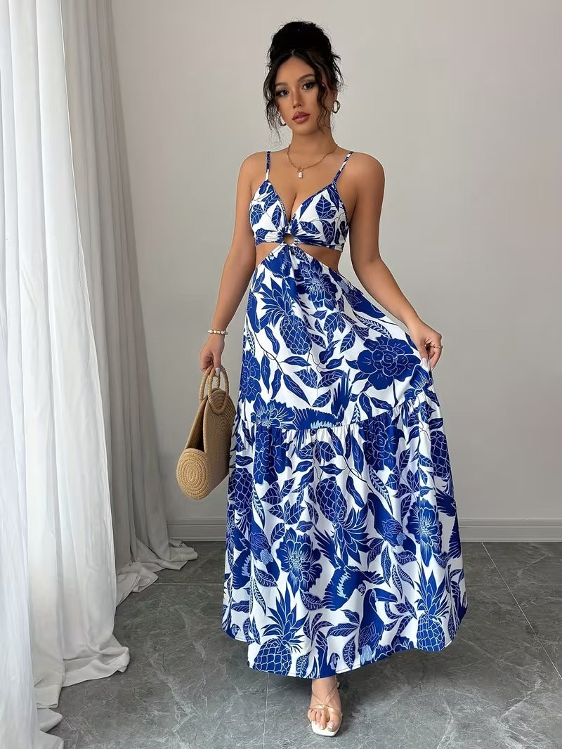 Ninonine "Sapphire" | Porcelain Botanical Ring-Detail Maxi Dress