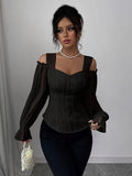 Ninonine "Vivienne" | Floral Jacquard Open-Shoulder Lantern Sleeve Top
