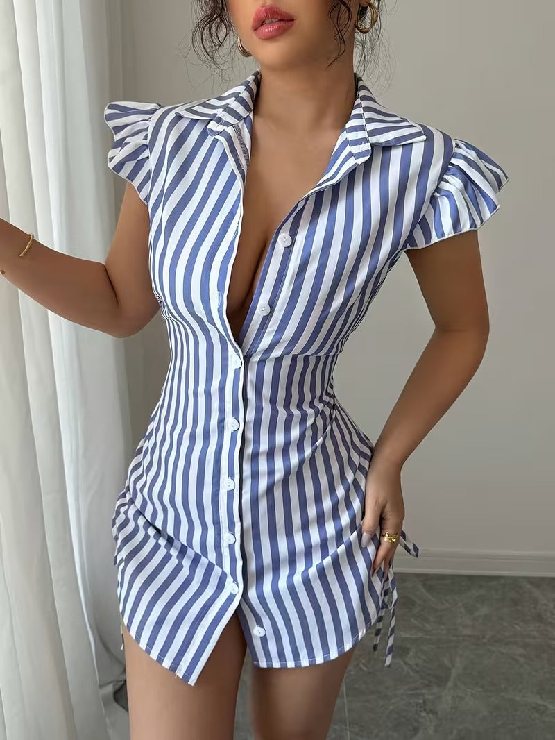 Ninonine "Marina" | Flutter Sleeve Ruched Stripe Shirt Dress
