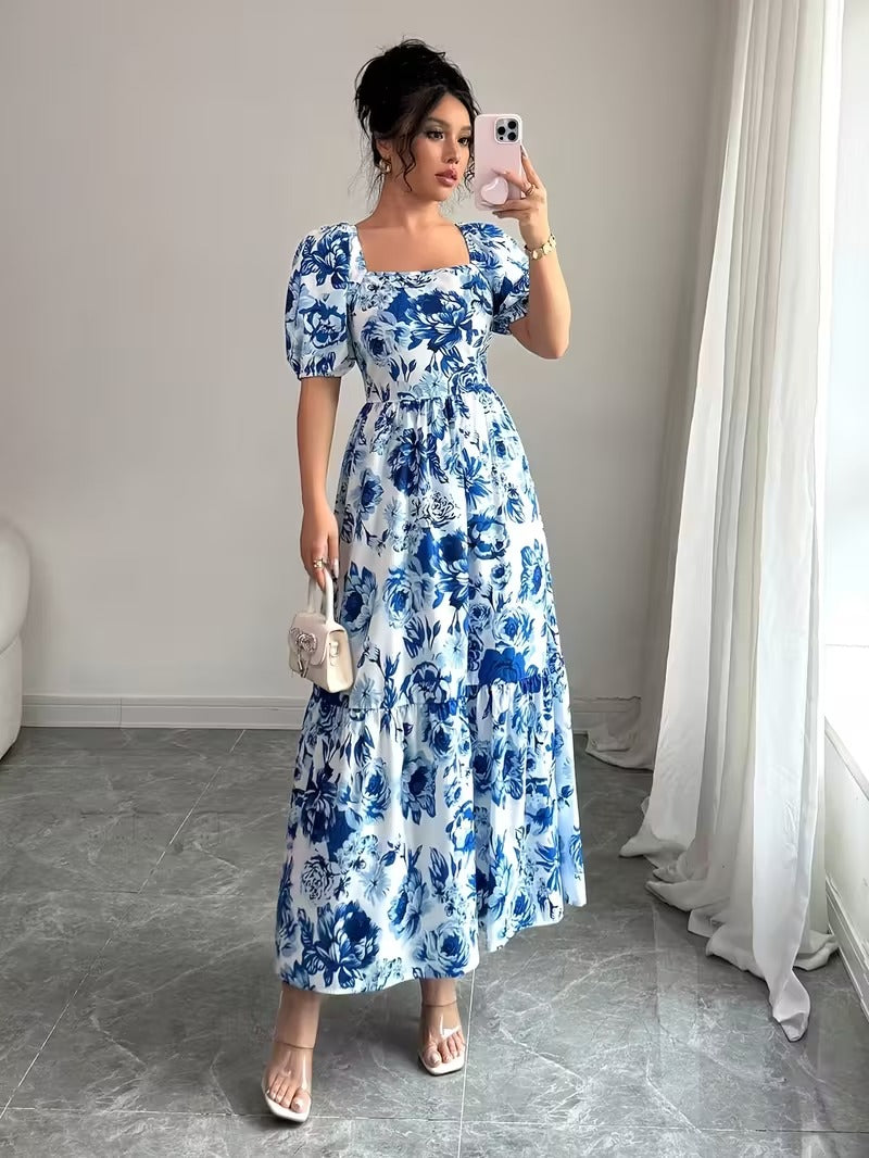 Ninonine "Isadora" | Azure Bloom Puff Sleeve Tiered Maxi Dress