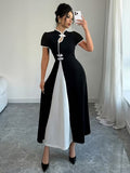 Ninonine "Yuki" | Contrast Trim Mandarin Collar Maxi Dress