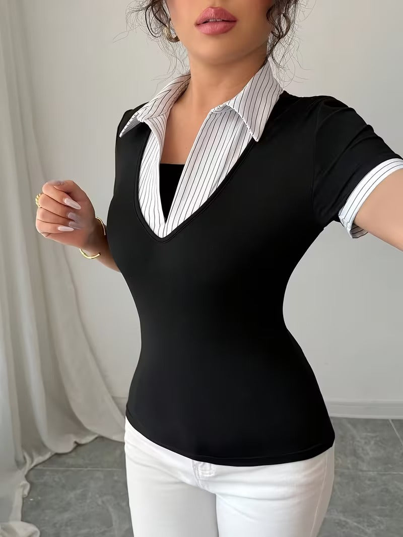Ninonine "Giselle" | Layered Pinstripe Contrast Collar Top