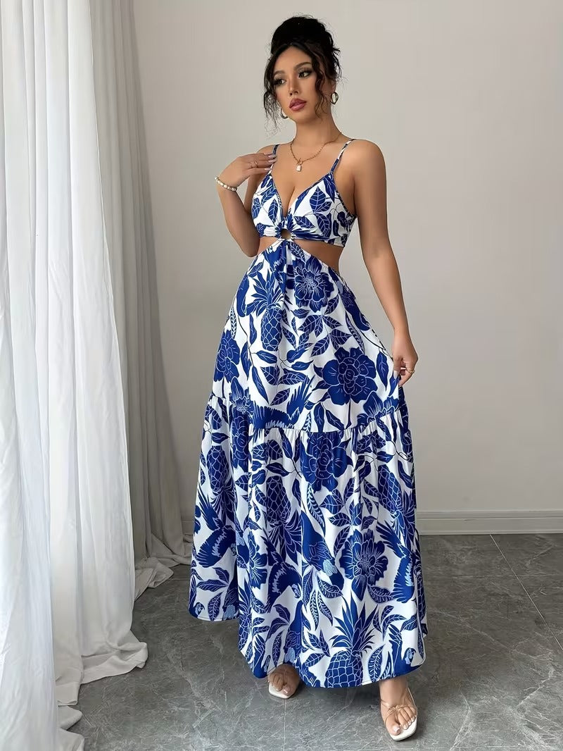 Ninonine "Sapphire" | Porcelain Botanical Ring-Detail Maxi Dress