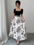 Ninonine "Kiku" | Monochrome Botanical Square-Neck Maxi Dress