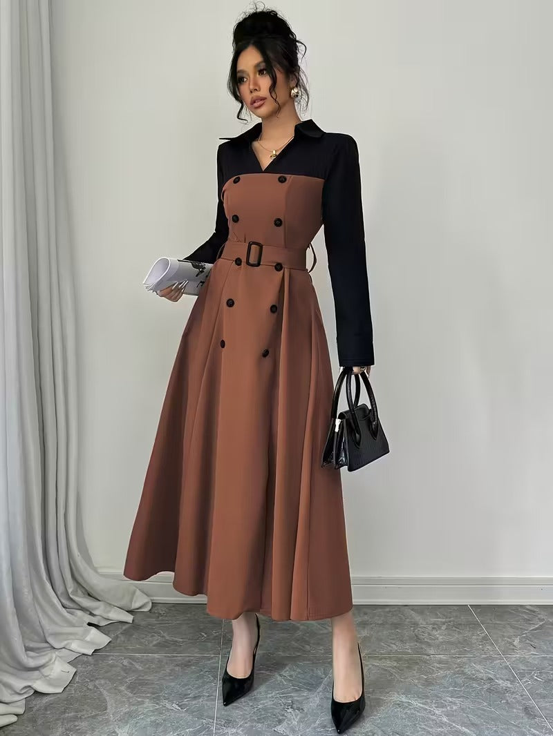 Ninonine "Vienna" | Contrast Double-Breasted Trench-Style Maxi Dress