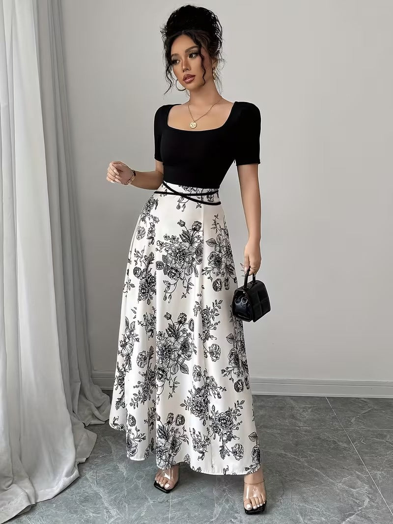 Ninonine "Kiku" | Monochrome Botanical Square-Neck Maxi Dress