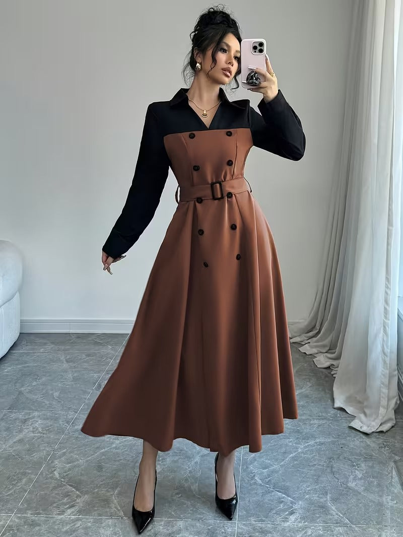 Ninonine "Vienna" | Contrast Double-Breasted Trench-Style Maxi Dress