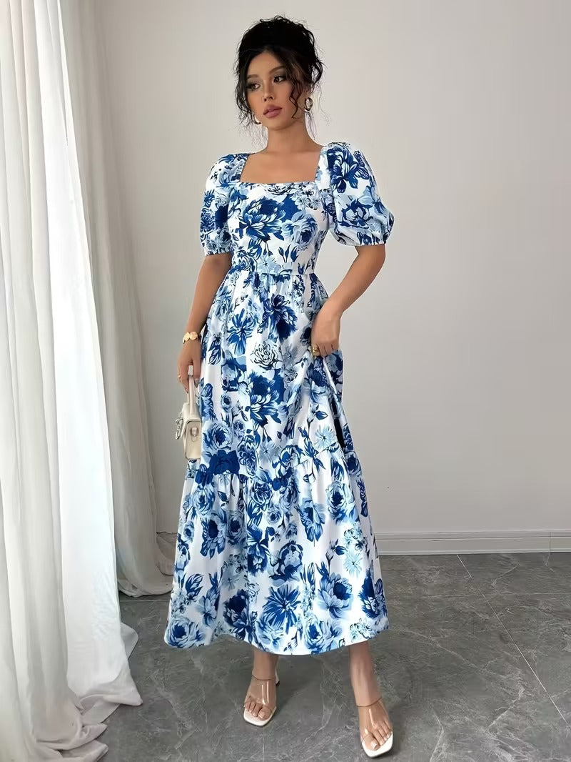 Ninonine "Isadora" | Azure Bloom Puff Sleeve Tiered Maxi Dress