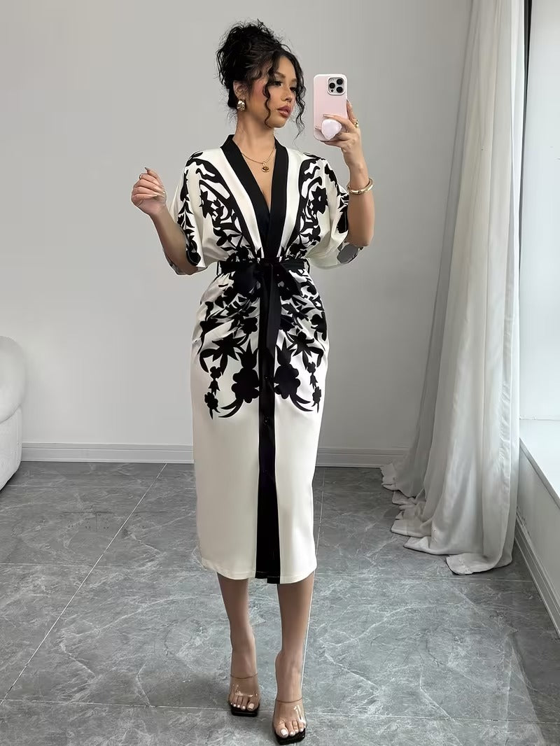 Ninonine "Elegance" | Positioning-Print V-Neck Front-Tie Slim Fit Dress