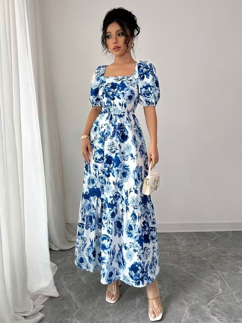 Ninonine "Isadora" | Azure Bloom Puff Sleeve Tiered Maxi Dress