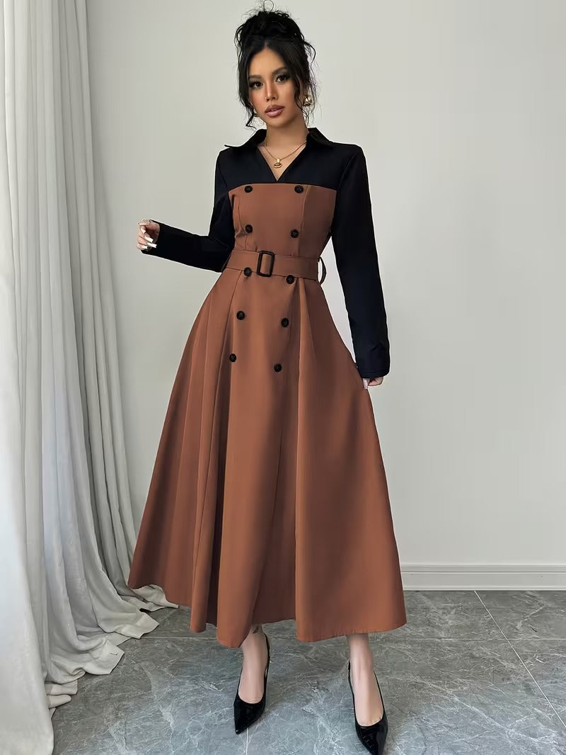 Ninonine "Vienna" | Contrast Double-Breasted Trench-Style Maxi Dress