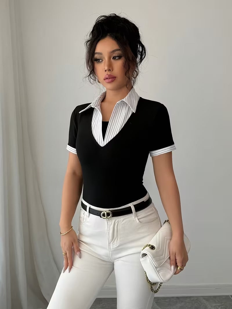 Ninonine "Giselle" | Layered Pinstripe Contrast Collar Top
