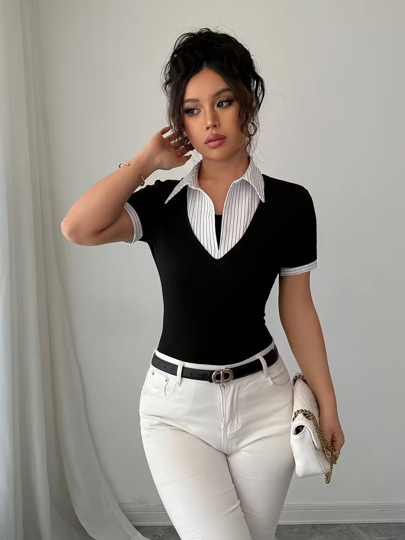 Ninonine "Giselle" | Layered Pinstripe Contrast Collar Top