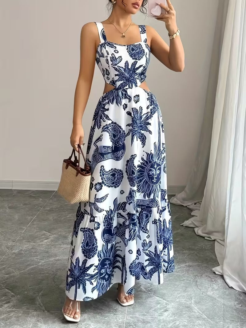 Ninonine "Soleil" | Azure Botanical Cutout Maxi Dress