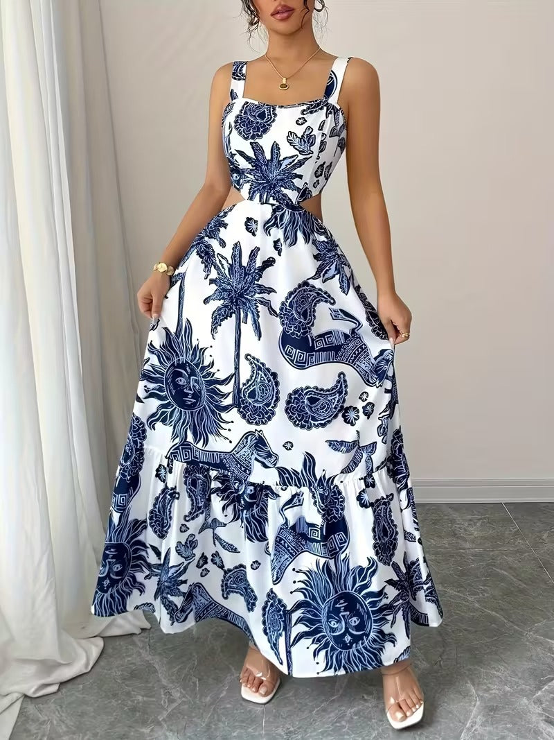 Ninonine "Soleil" | Azure Botanical Cutout Maxi Dress