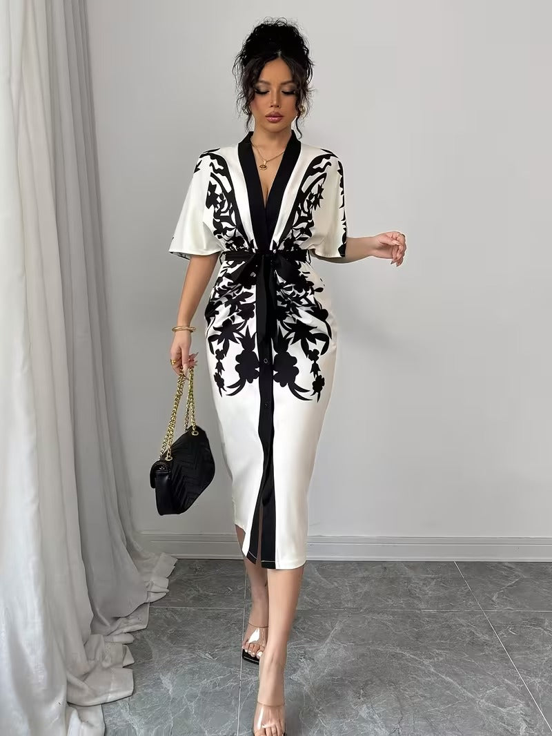 Ninonine "Elegance" | Positioning-Print V-Neck Front-Tie Slim Fit Dress
