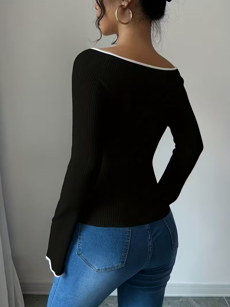 Ninonine "Camille" | Ribbed Contrast-Trim Flared Pullover