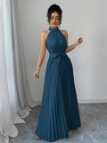 Ninonine "Serene" | Pleated Halter-Neck Maxi Gown with Ribbon Belt