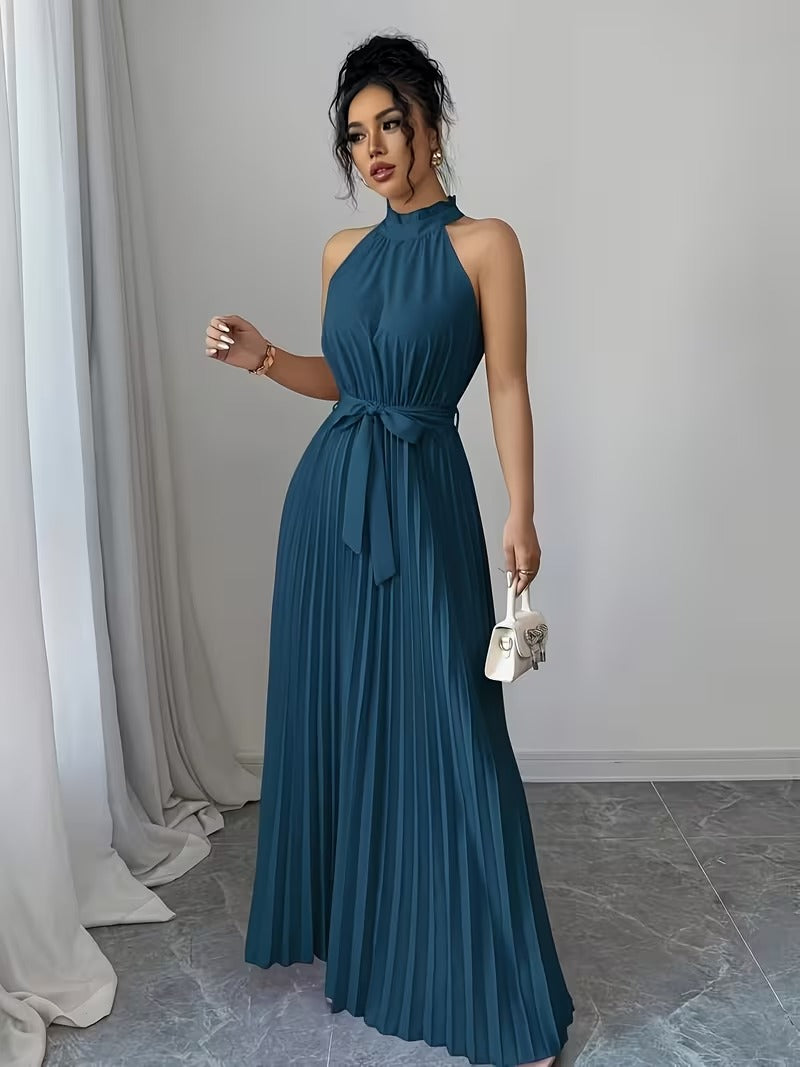 Ninonine "Serene" | Pleated Halter-Neck Maxi Gown with Ribbon Belt