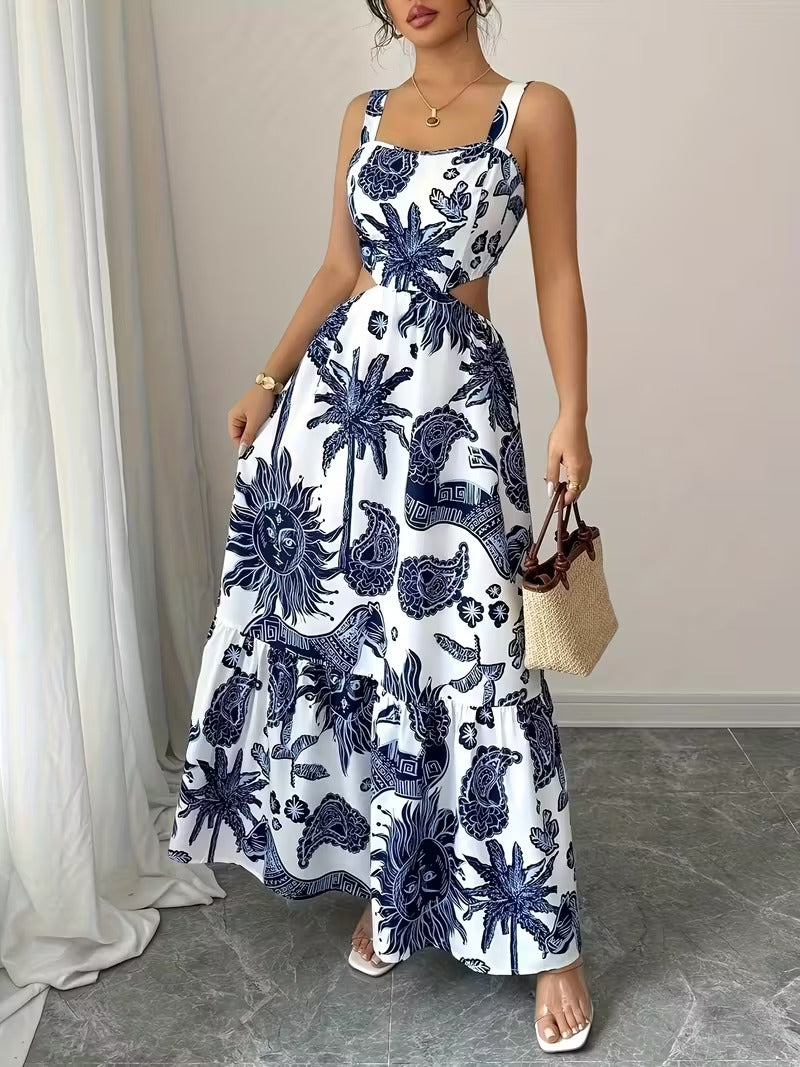 Ninonine "Soleil" | Azure Botanical Cutout Maxi Dress