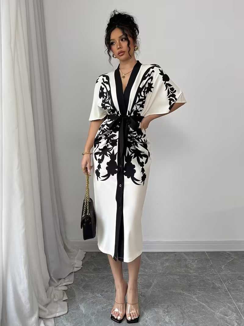 Ninonine "Elegance" | Positioning-Print V-Neck Front-Tie Slim Fit Dress