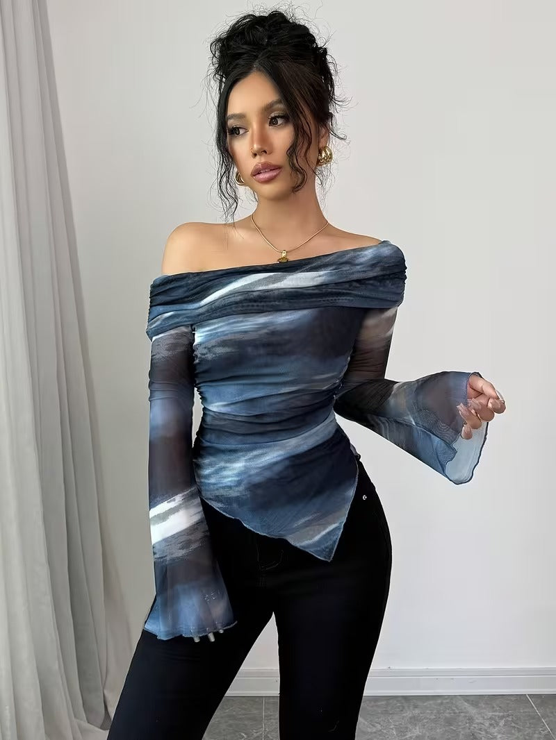 Ninonine "Lyra" | Abstract Midnight Off-Shoulder Asymmetrical Top