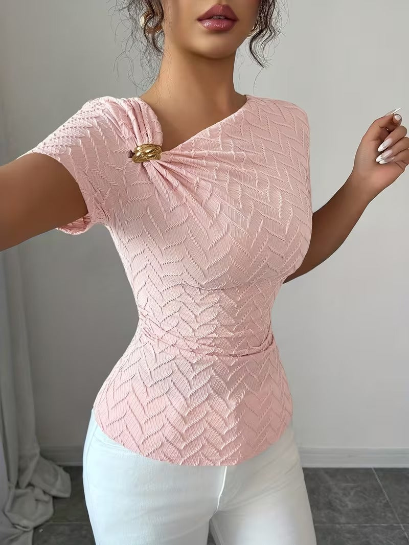 Ninonine "Sienna" | Asymmetrical Gold-Buckle Textured Top