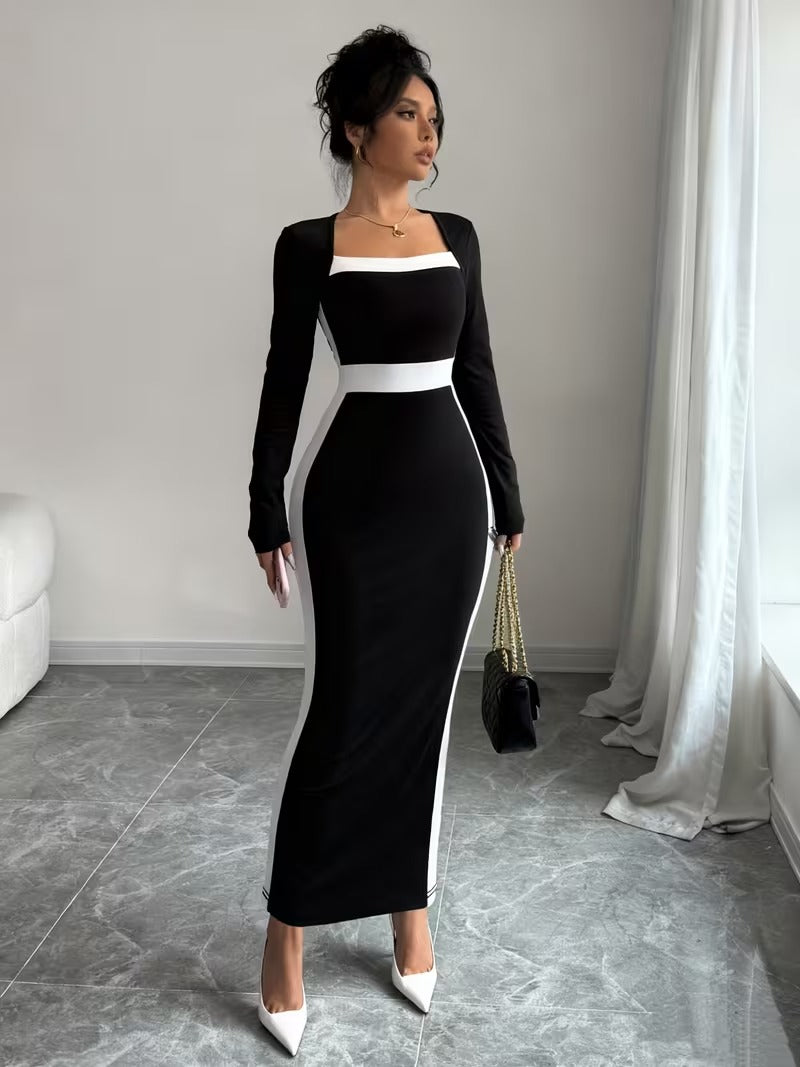 Ninonine "Sylvie" | French-Style Contrast Square Neck Bodycon Maxi