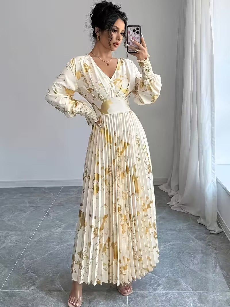 Ninonine "Aurelia" | Golden Foil Pleated V-Neck Maxi Gown