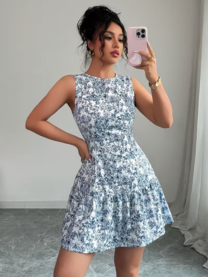 Ninonine "Mariana" | Azure Toile-Print Sleeveless Peplum Dress