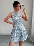 Ninonine "Mariana" | Azure Toile-Print Sleeveless Peplum Dress