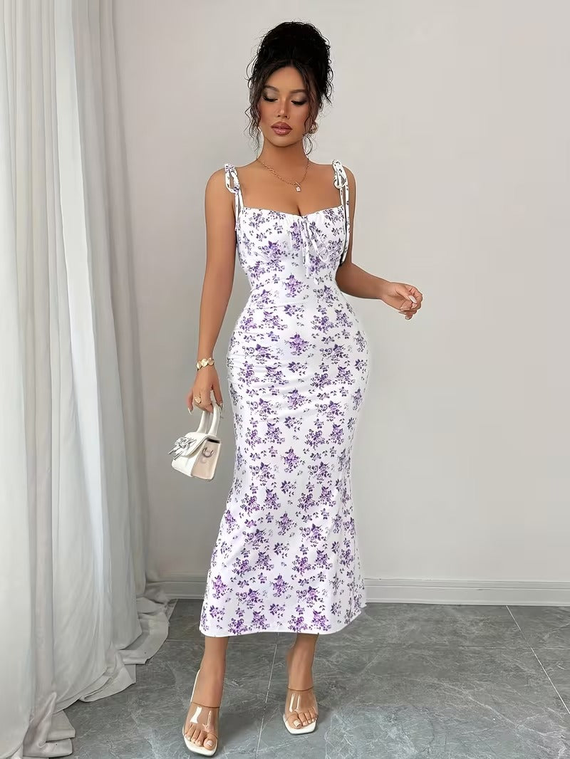 Ninonine "Violette" | Ruffled Tie-Strap Floral Bodycon Dress