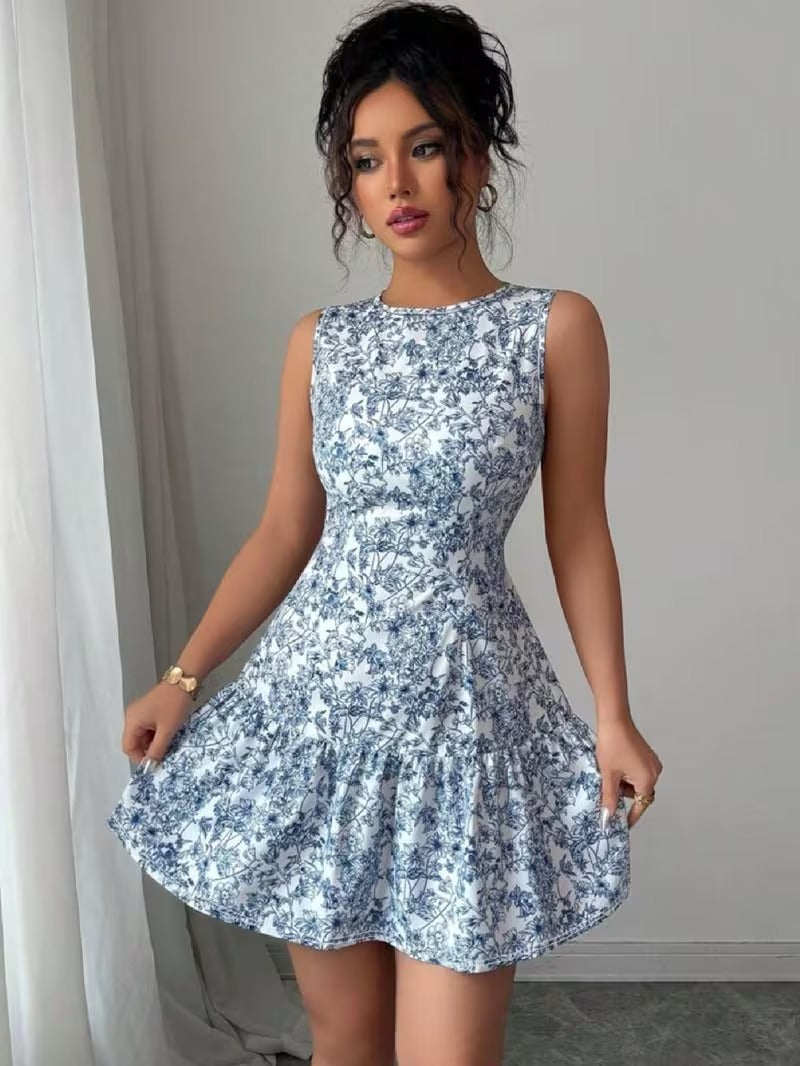 Ninonine "Mariana" | Azure Toile-Print Sleeveless Peplum Dress