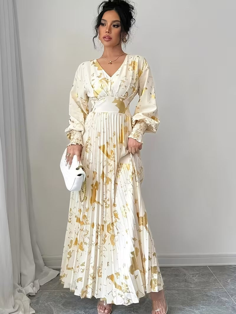 Ninonine "Aurelia" | Golden Foil Pleated V-Neck Maxi Gown