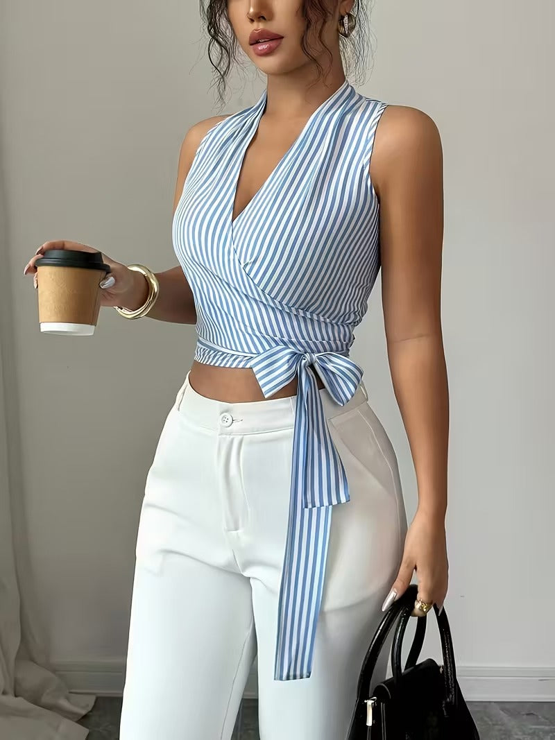 Ninonine "Isla" | Striped Wrap-Front Halterneck Top