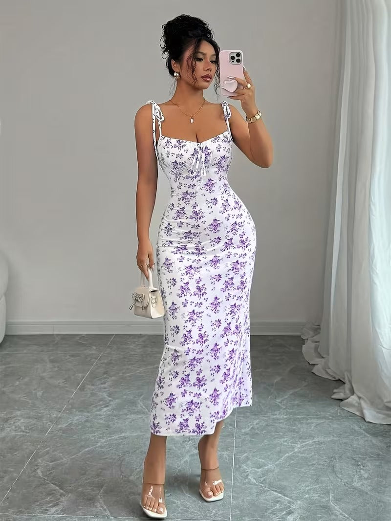 Ninonine "Violette" | Ruffled Tie-Strap Floral Bodycon Dress