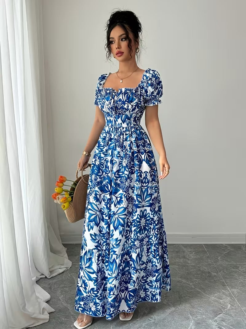Ninonine "Azurea" | Smocked Back Puff Sleeve Botanical Maxi Dress