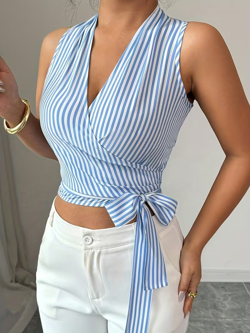 Ninonine "Isla" | Striped Wrap-Front Halterneck Top