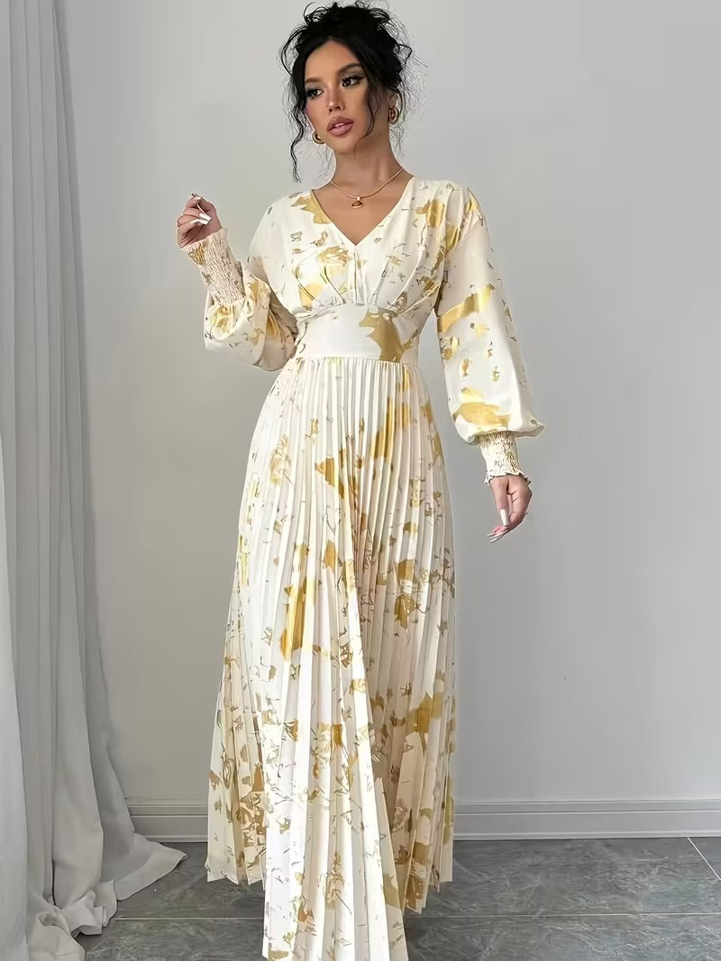 Ninonine "Aurelia" | Golden Foil Pleated V-Neck Maxi Gown