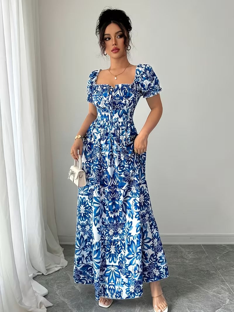 Ninonine "Azurea" | Smocked Back Puff Sleeve Botanical Maxi Dress