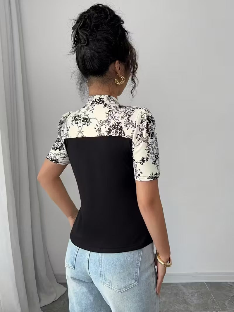 Ninonine "Inès" | Floral Spliced Mandarin Collar Top