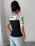 Ninonine "Inès" | Floral Spliced Mandarin Collar Top