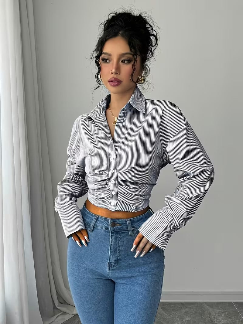 Ninonine "Lumière" | Ruched Pinstripe Cropped Blouse